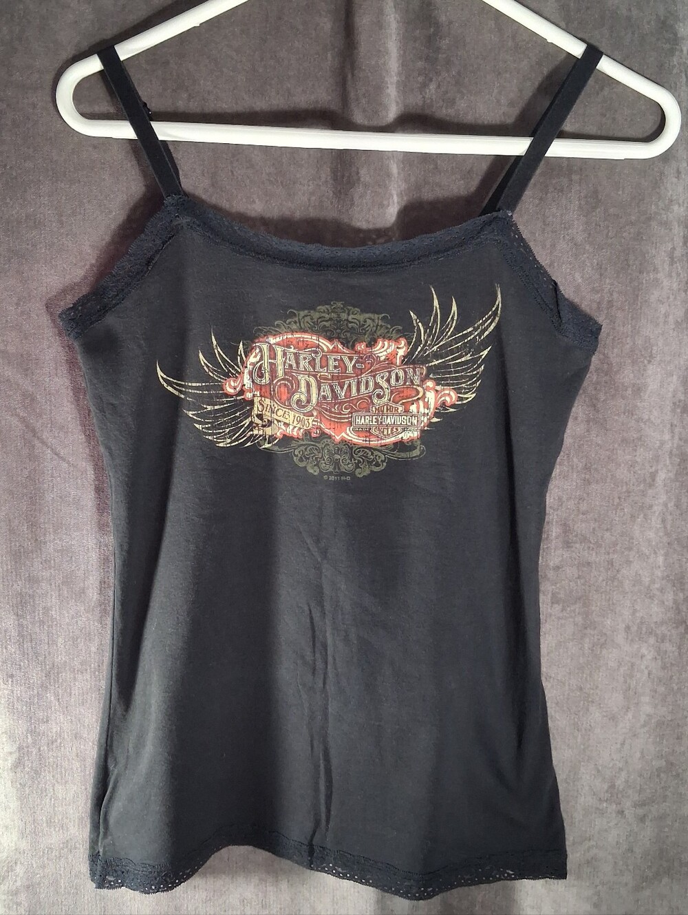 Harley-Davidson Honolulu, Hawaii Black Lace Trim Satin Strap Cami w/ Shelf VG L